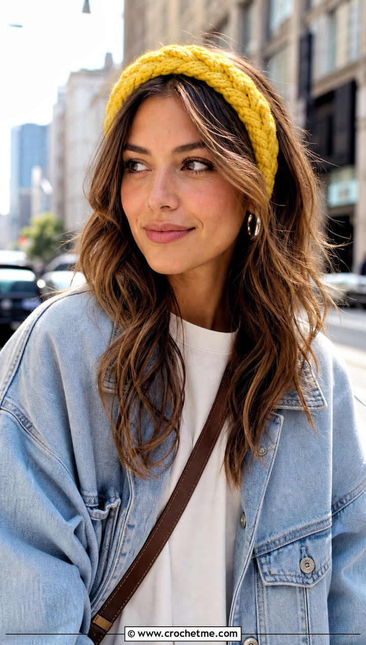 Braided Cable Headband With Denim Jacket - 25 crochet cable headband outfit ideas