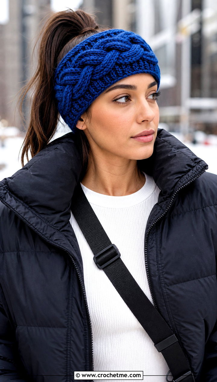 Braided Cable Headband With Puffer Jacket and Leggings - 15 easy crochet cable headband earwarmer outfit ideas