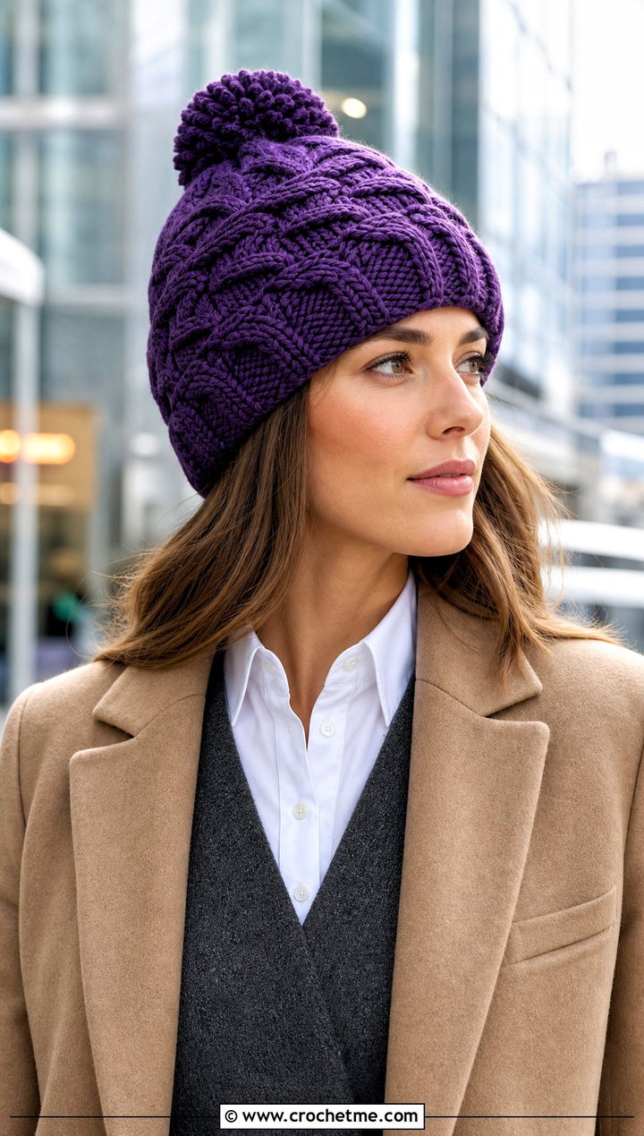 Braided Cable Pom Pom Beanie With Office Coat - 30 crochet beanie with pom pom outfit ideas