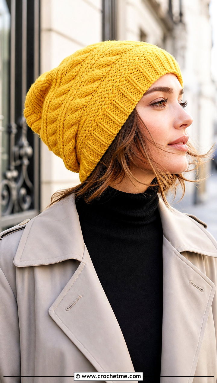 Braided Cable Slouchy Beanie With Trench Coat - 25 Cable Knit Crochet Hat outfit ideas
