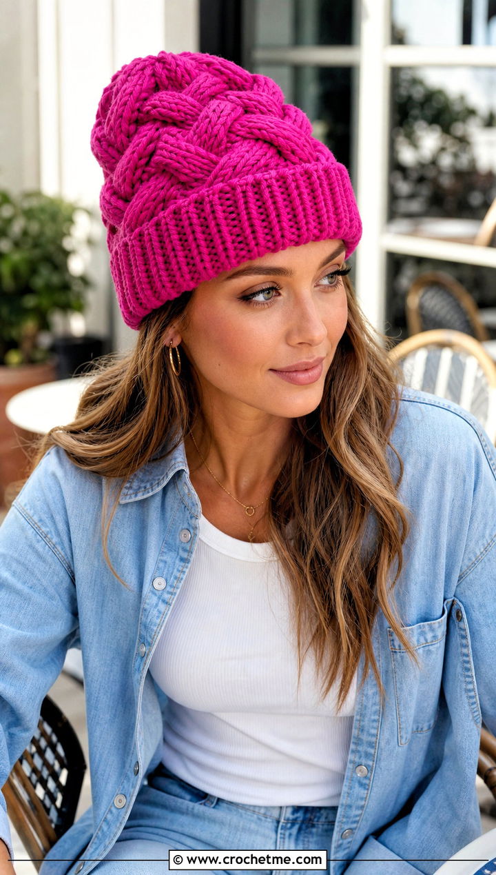 Braided Cable Stitch Beanie With Double Denim - 25 Crochet Cable Stitch Hat outfit ideas