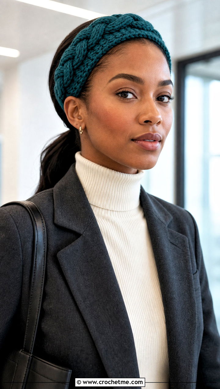Braided Cable Stitch Crochet Headband With Blazer - 15 Cable Stitch Crochet Headband outfit ideas