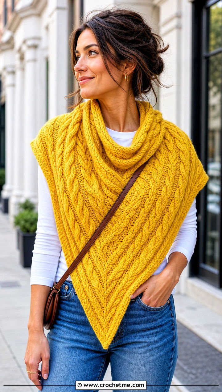 Braided Cable Triangle Shawl With Straight Leg Jeans - 15 Crochet Cable Shawl outfit ideas