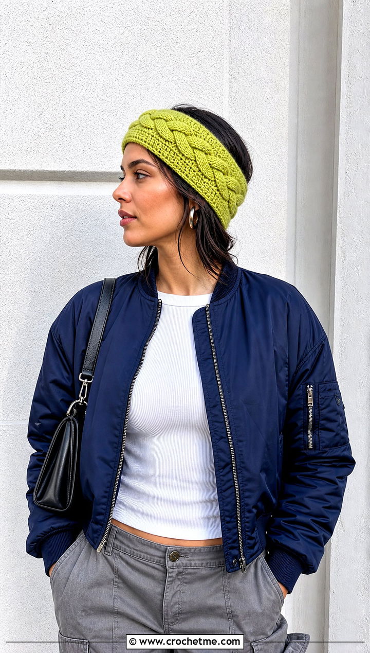 Braided Cable Tunisian Crochet Ear Warmer With Bomber Jacket - 30 Tunisian Crochet Ear Warmer outfit ideas