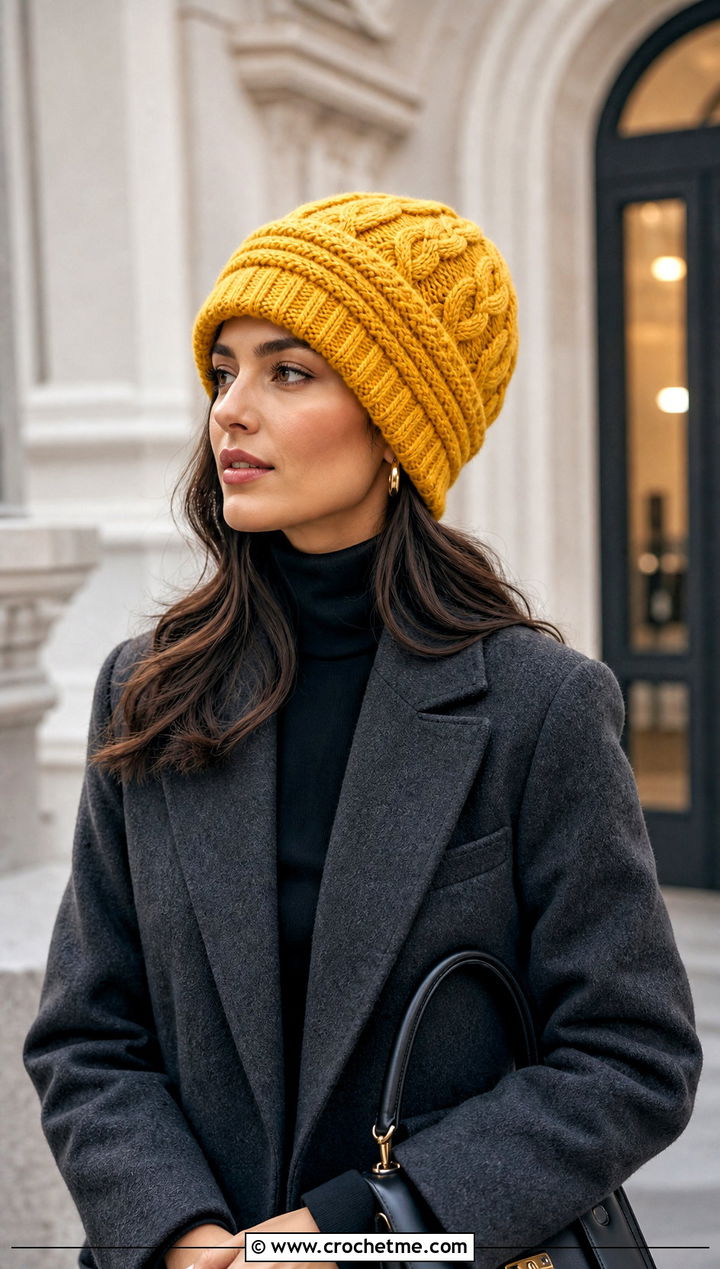 Braided Cabled Slouchy Beanie With Tailored Coat - 20 Crochet Cable Stitch Beanie outfit ideas