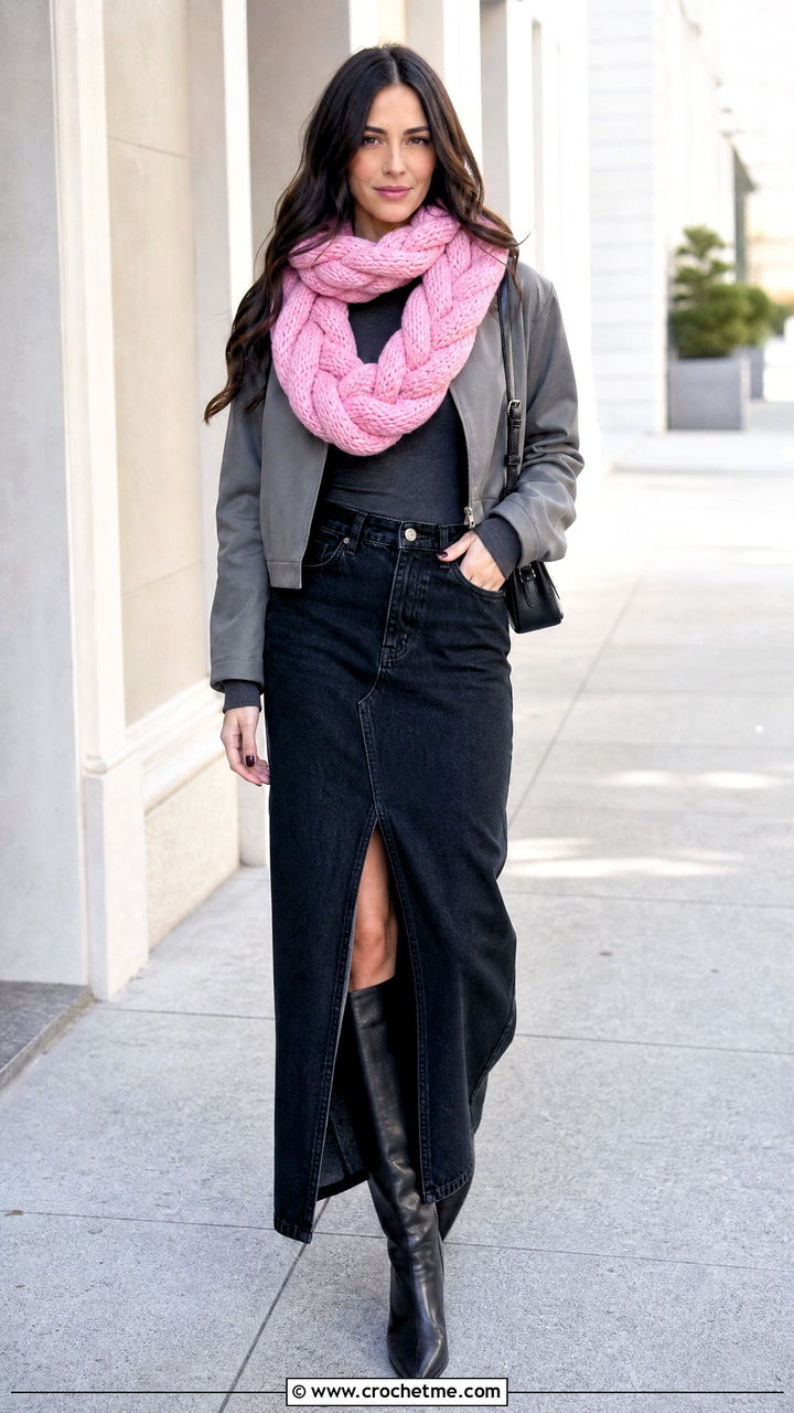 Braided Chunky Crochet Scarf With Denim Maxi Skirt - 35 chunky crochet scarf outfit ideas