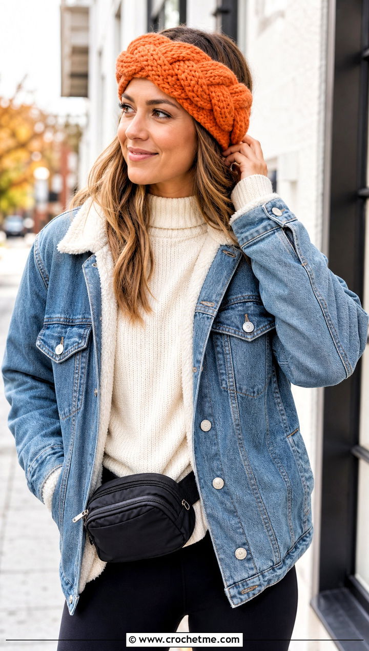 Braided Chunky Ear Warmer With Denim Jacket - 25 Crochet Chunky Ear Warmer outfit ideas