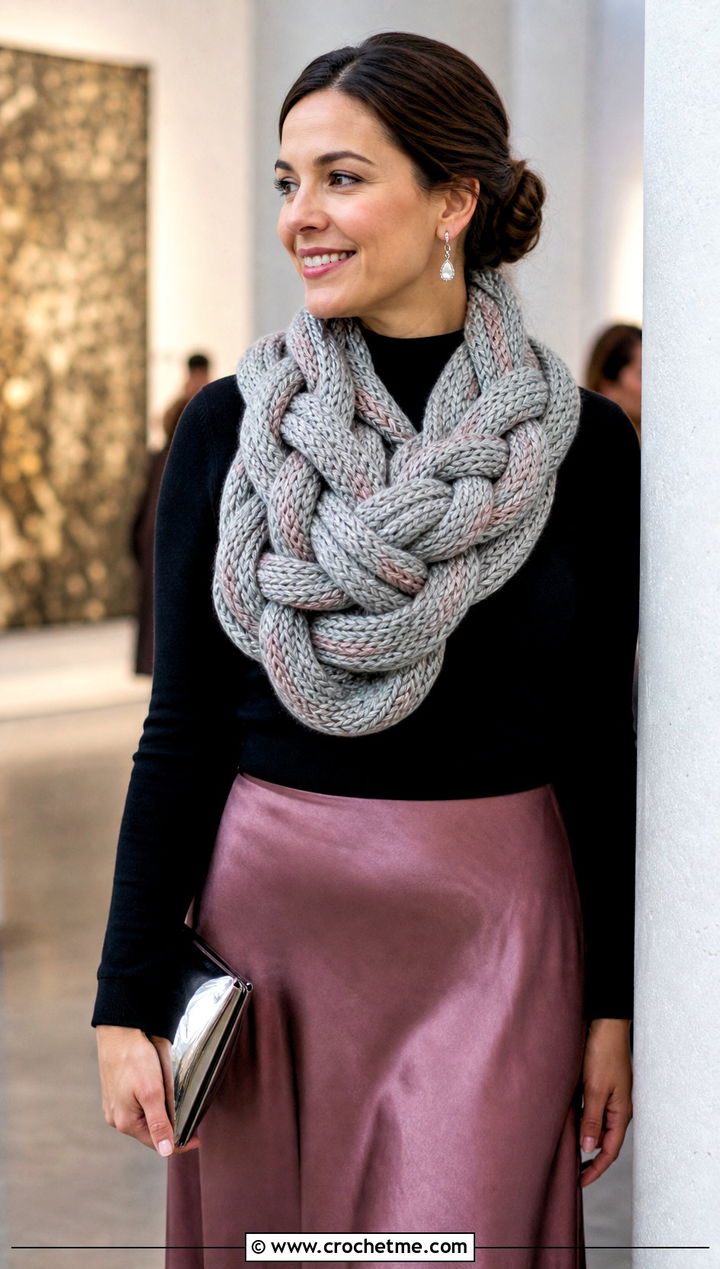 Braided Chunky Gray Crochet Scarf With Satin Skirt And Sweater - 15 Chunky Gray Crochet Scarf outfit ideas