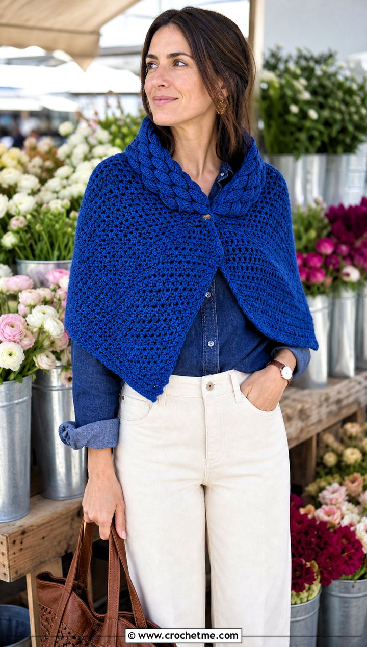Braided Collar Crochet Katniss Shawl With Denim Shirt - 20 Crochet Katniss Shawl outfit ideas