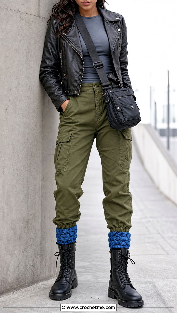 Braided Crochet Boot Cuffs With Leather Jacket - 35 crochet boot cuffs outfit ideas