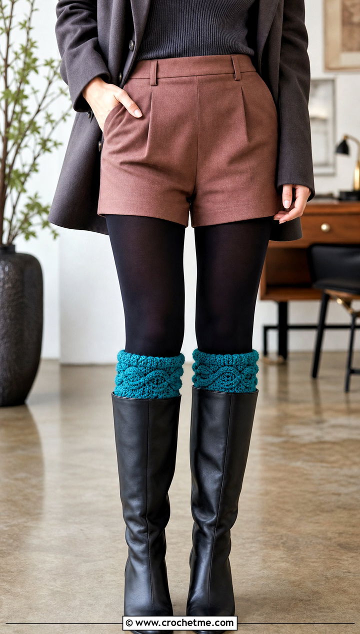 Braided Crochet Boot Cuffs With Tailored Shorts and Tall Boots - 30 crochet boot cuff outfit ideas