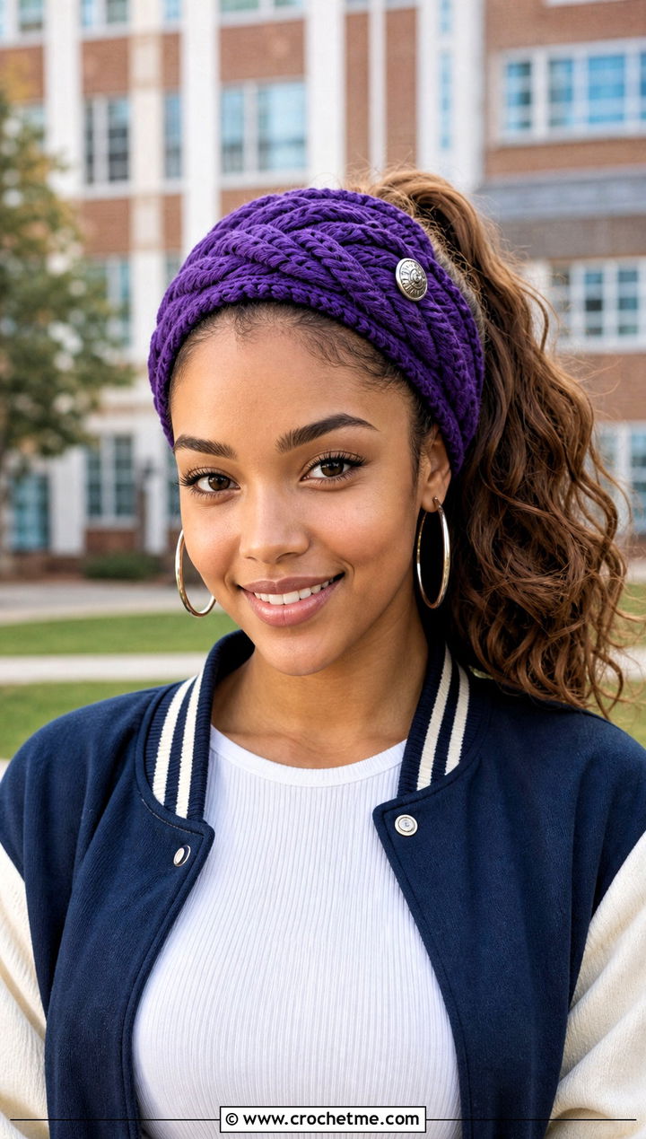 Braided Crochet Button Headband With Varsity Jacket - 15 Crochet Button Headband outfit ideas