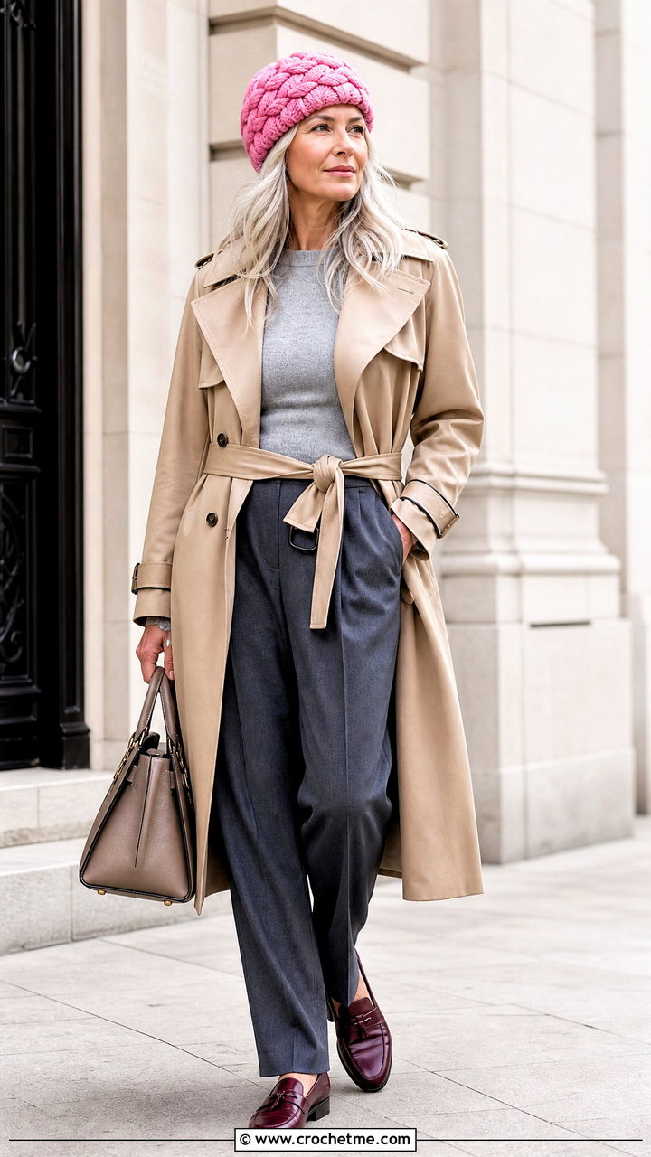 Braided Crochet Cable Hat With Trench Coat And Trousers - 35 crochet cable hat outfit ideas