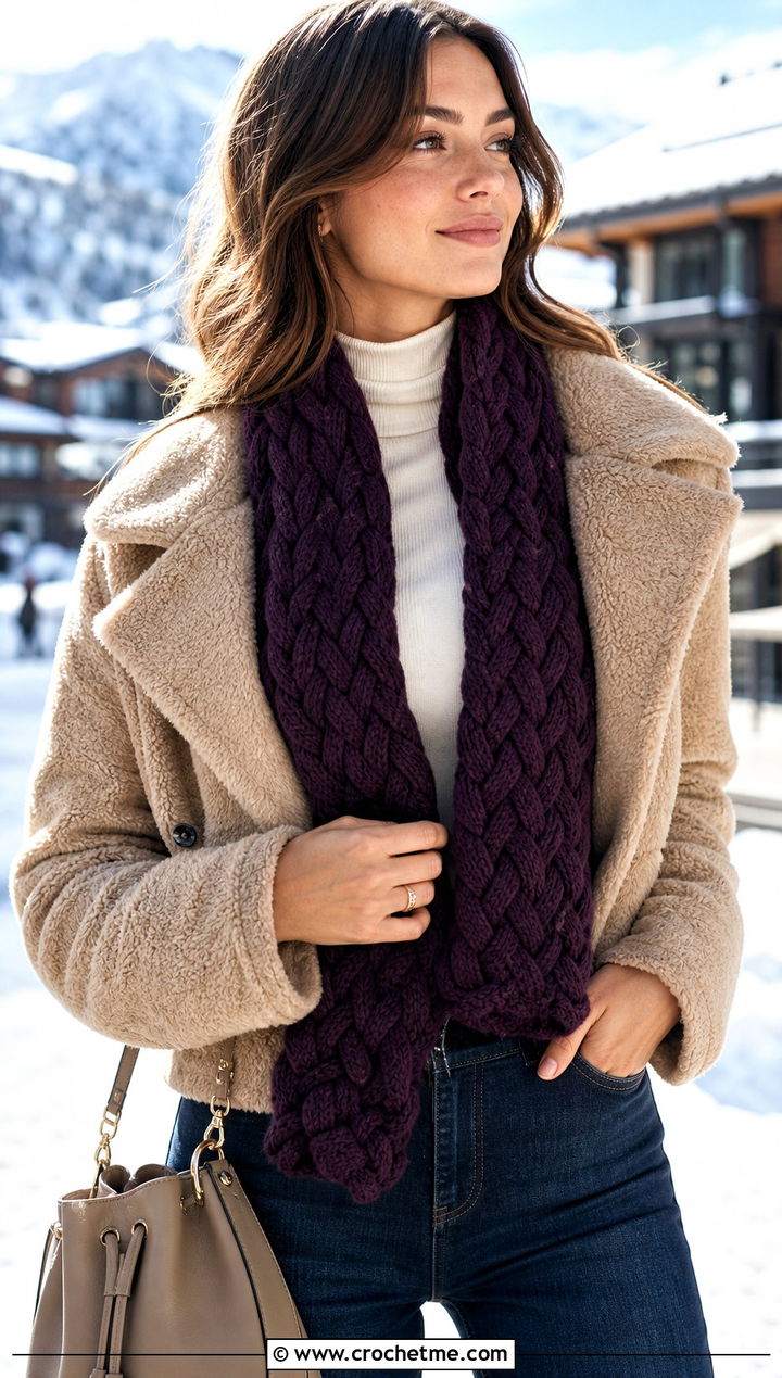 Braided Crochet Cashmere Scarf With Shearling Jacket - 25 crochet cashmere scarf outfit ideas