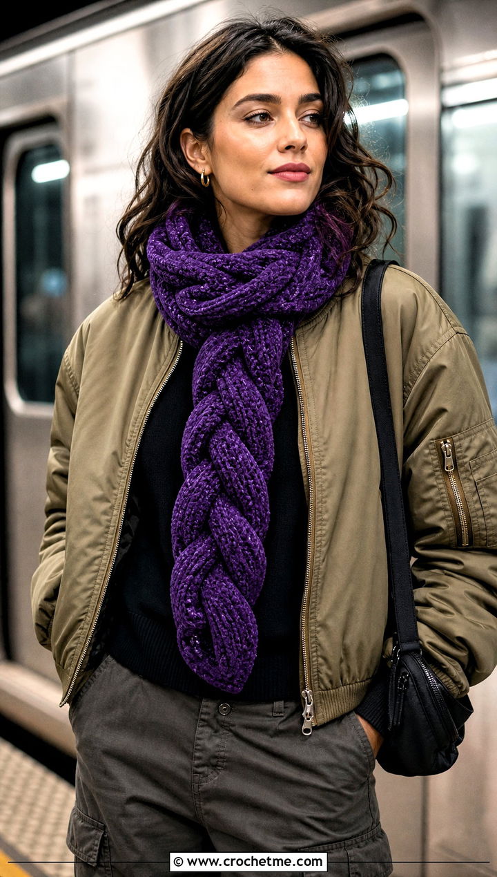 Braided Crochet Chenille Scarf With Bomber Jacket - 25 crochet chenille scarf outfit ideas