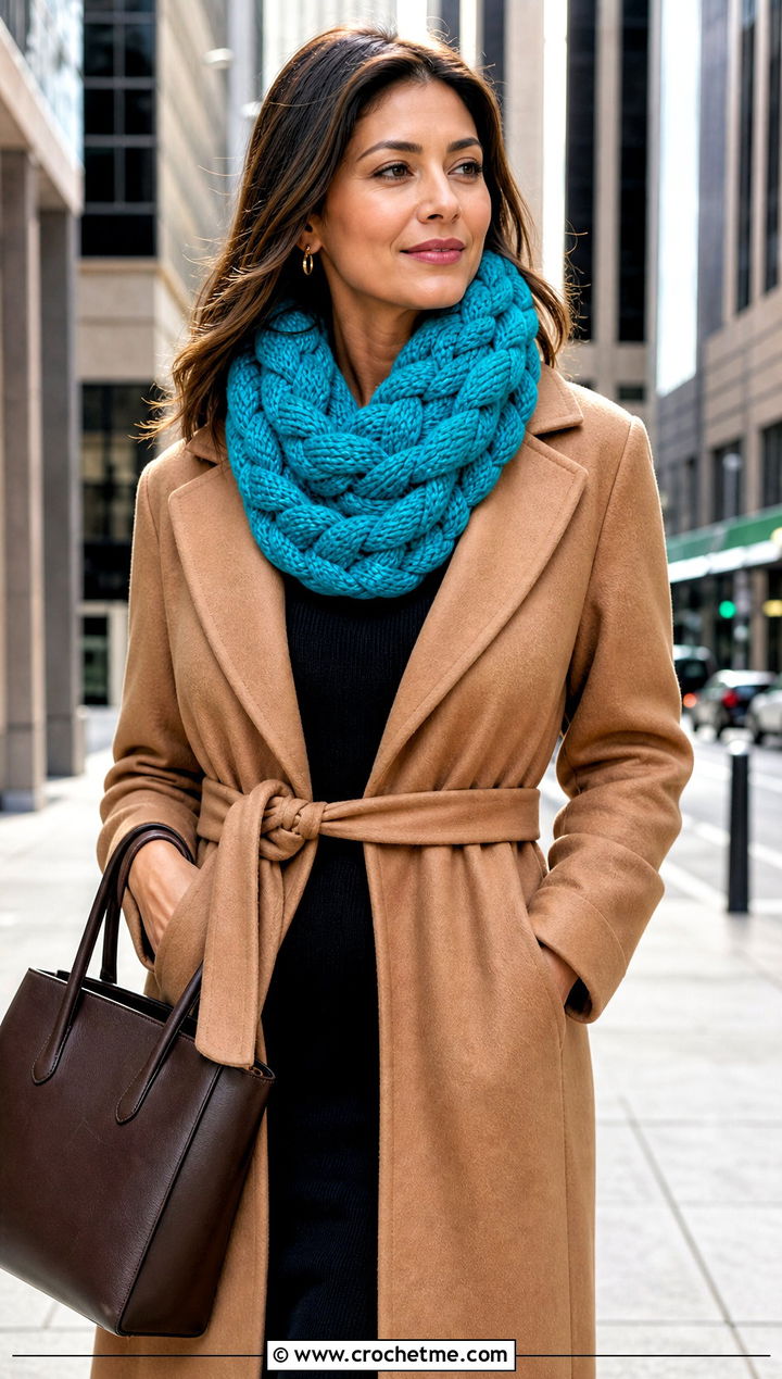 Braided Crochet Chunky Cowl With Belted Coat - 30 crochet chunky cowl outfit ideas