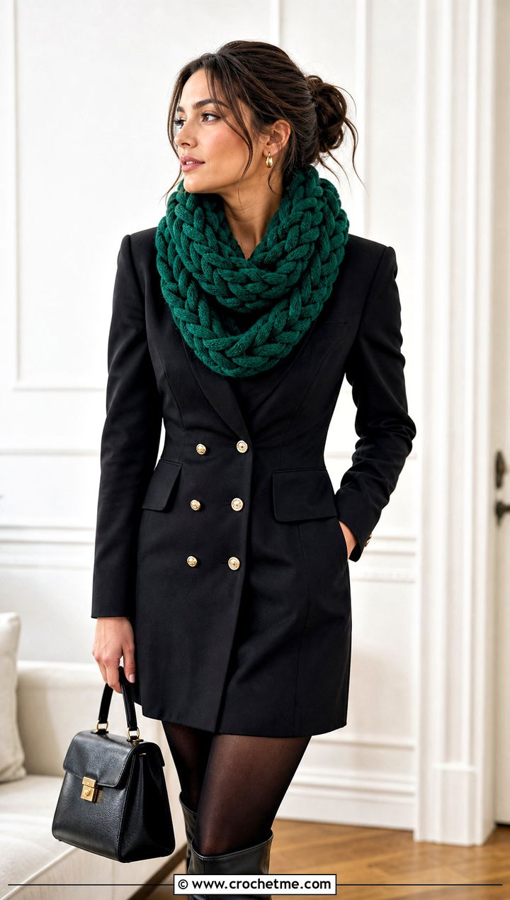 Braided Crochet Cowl Scarf With Blazer Dress - 30 autumn crochet scarf outfit ideas