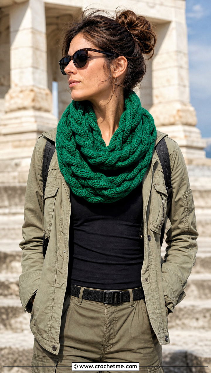 Braided Crochet Cowl Scarf With Utility Jacket - 25 Multifunctional Crochet Scarf outfit ideas