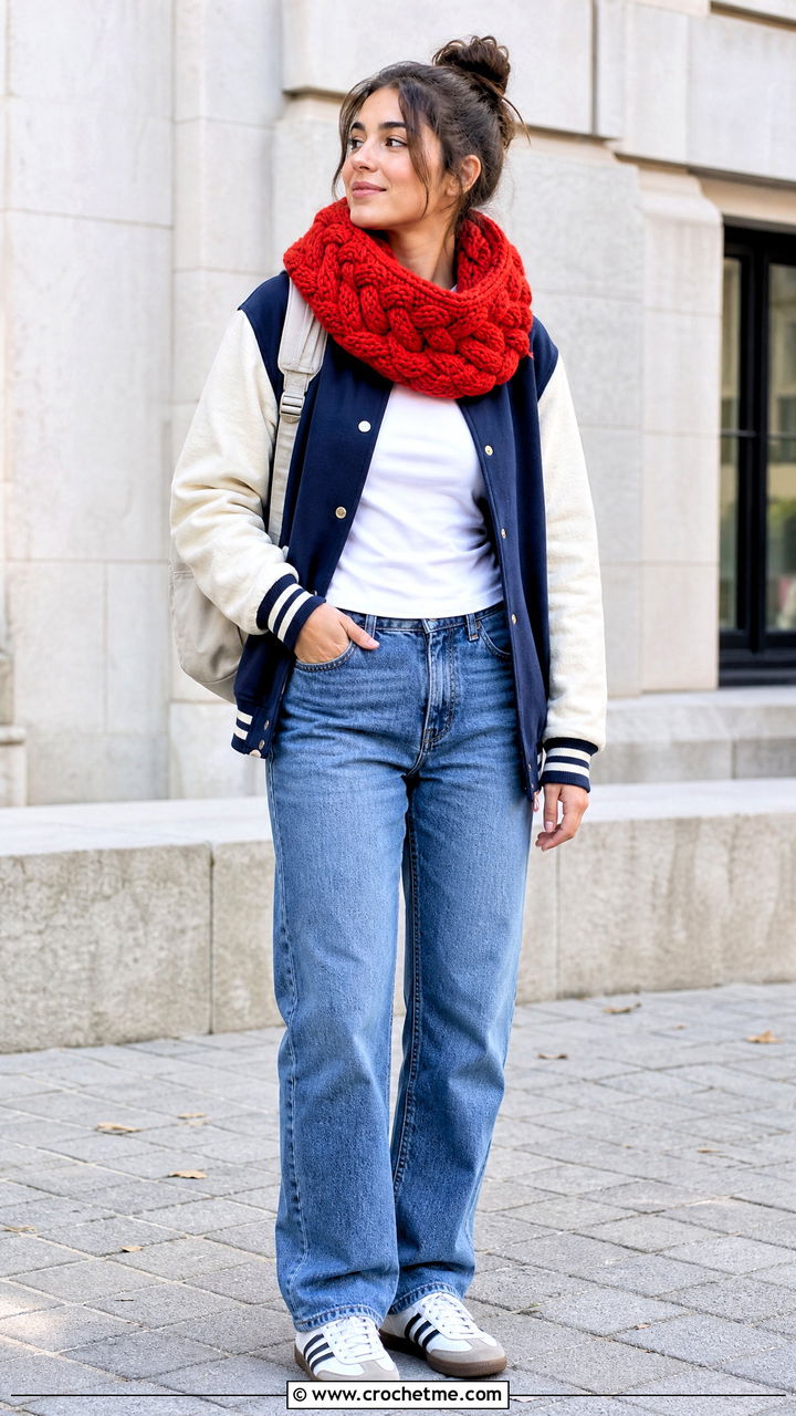 Braided Crochet Cowl Scarf With Varsity Jacket - 35 crochet cowell scarf outfit ideas