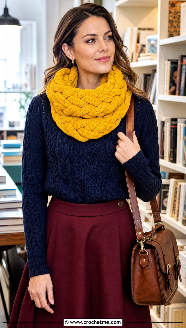 Braided Crochet Cowl With Cable Sweater And A Line Skirt - 35 crochet neck warmer cowls outfit ideas