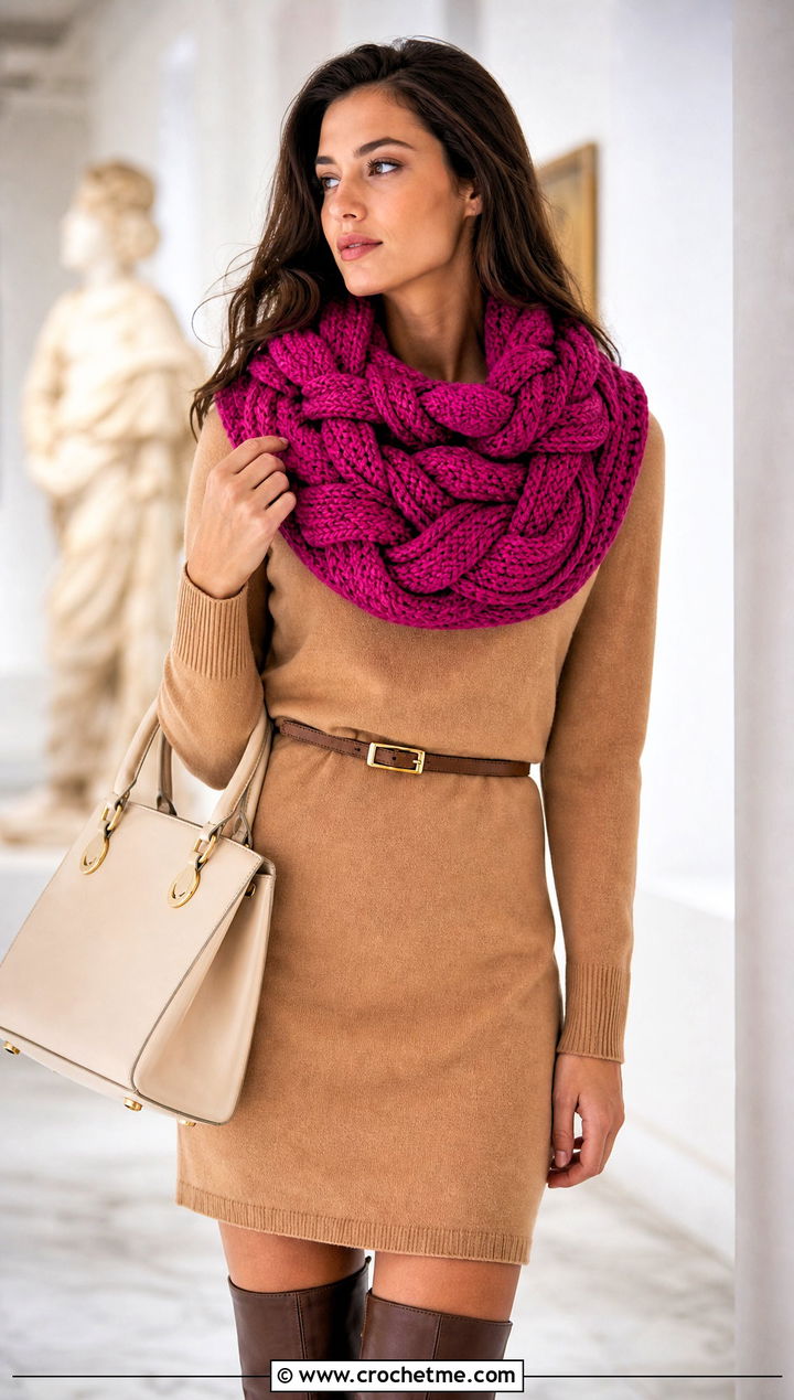 Braided Crochet Cowl With Sweater Dress - 20 Simple Crochet Cowl outfit ideas