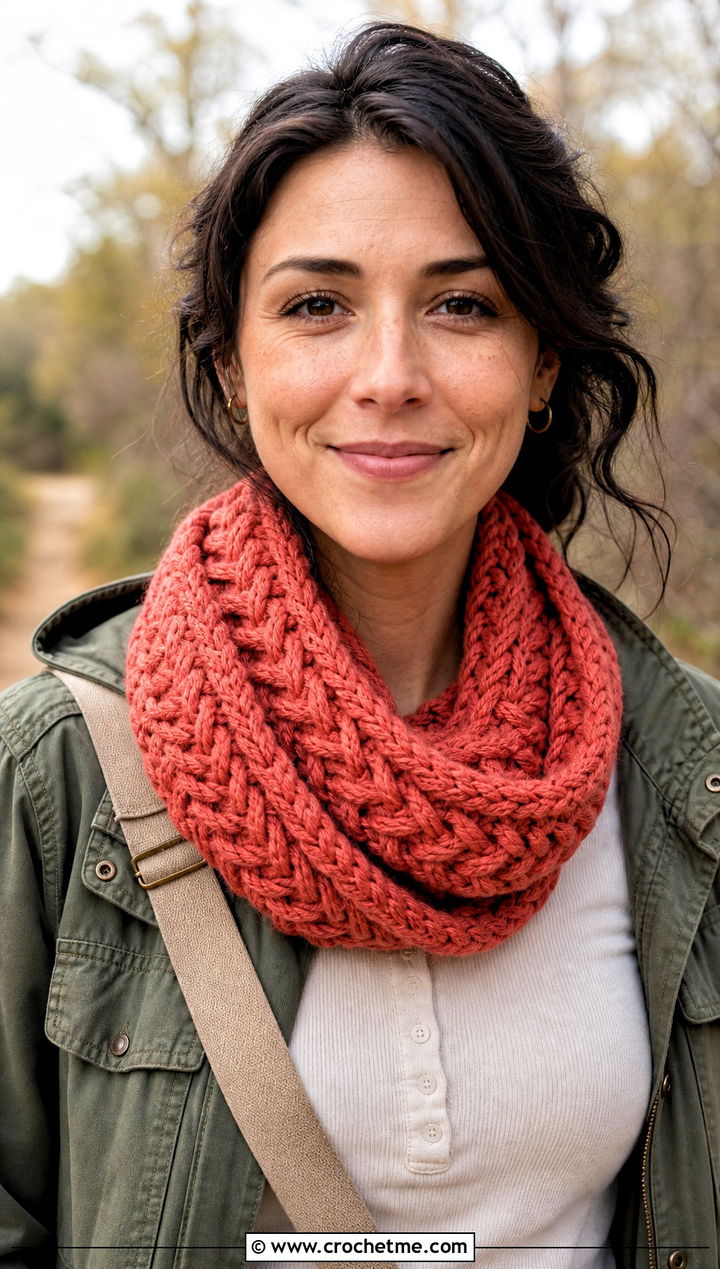 Braided Crochet Cowl With Utility Jacket - 15 wool ease crochet scarf outfit ideas