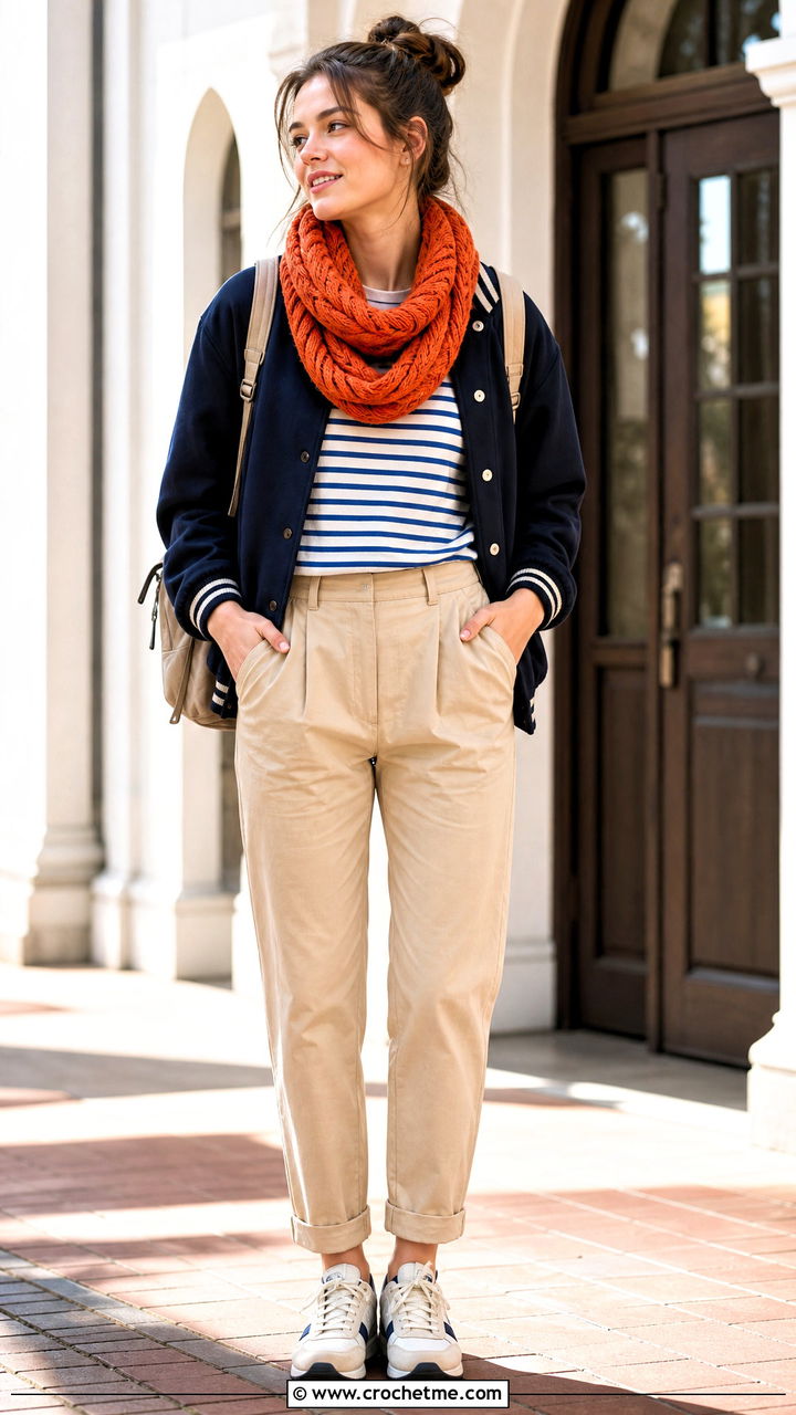 Braided Crochet Cowl With Varsity Jacket - 35 crochet cowls outfit ideas