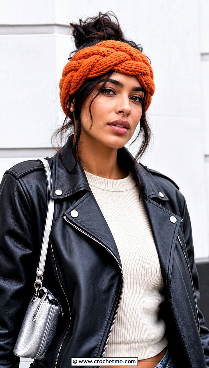 Braided Crochet Ear Warmer With Leather Jacket - 15 Quick And Easy Crochet Ear Warmers outfit ideas