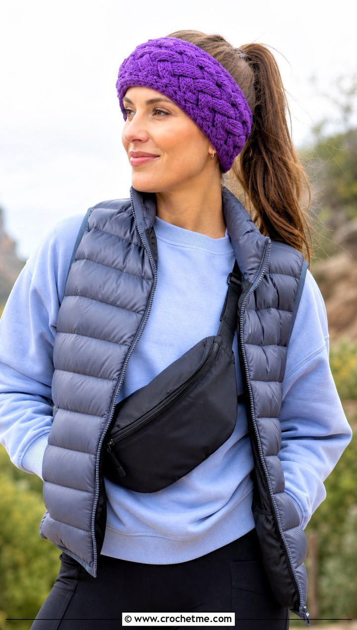 Braided Crochet Ear Warmer With Puffer Vest - 25 Quick Crochet Ear Warmer outfit ideas