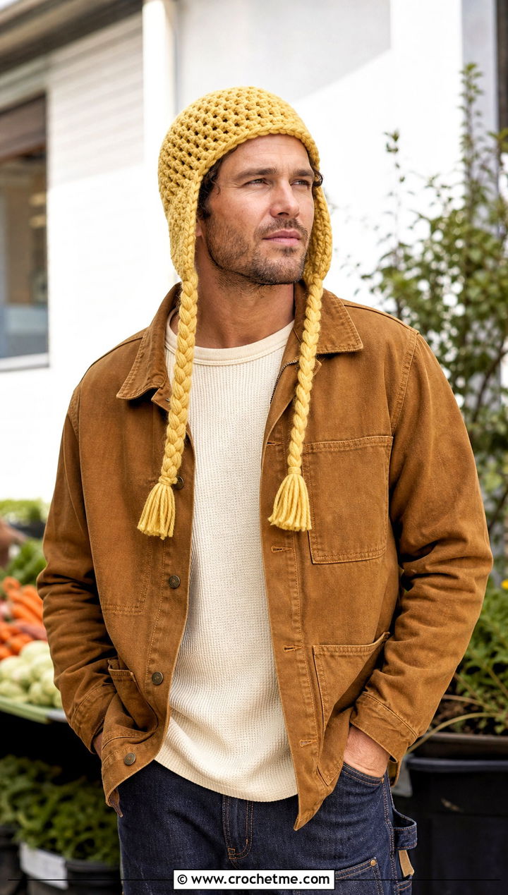 Braided Crochet Earflap Hat With Chore Coat - 15 Mens Crochet Hat With Earflaps outfit ideas