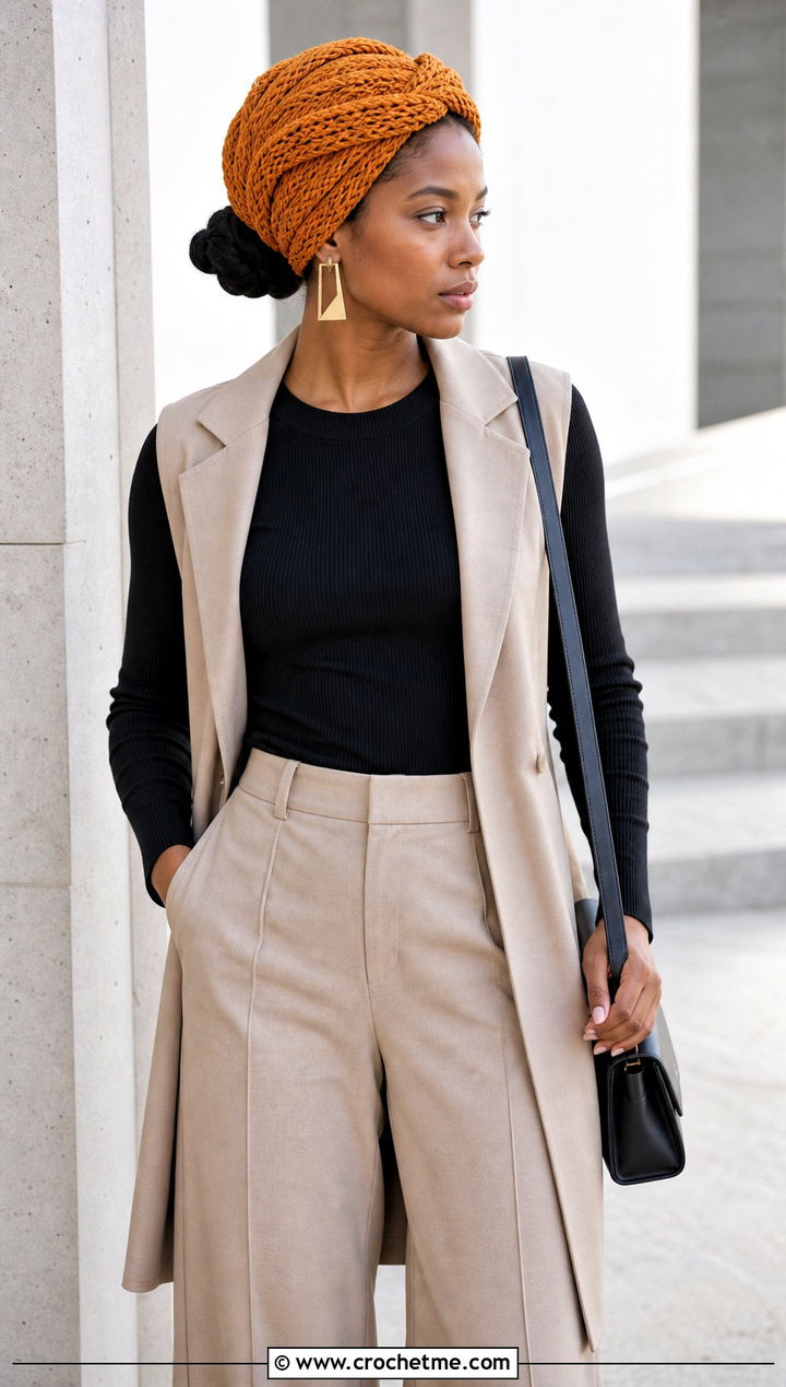 Braided Crochet Head Wrap With Tailored Vest - 30 crochet head wrap outfit ideas