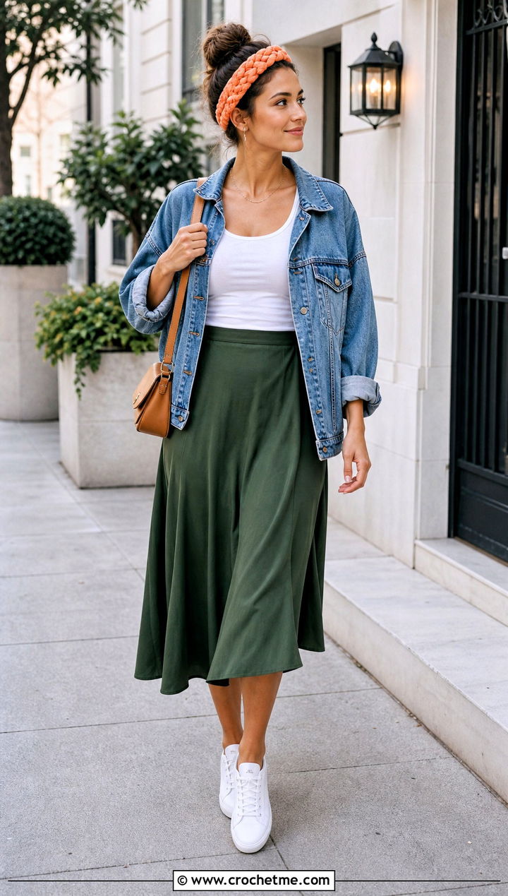 Braided Crochet Headband With Denim Jacket And Midi Skirt - 35 simple crochet headband outfit ideas