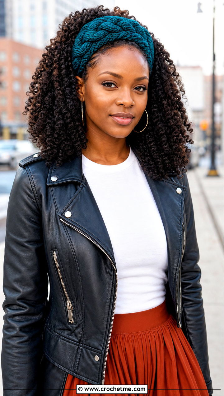 Braided Crochet Headband With Leather Jacket - 30 crochet headband curly hair outfit ideas