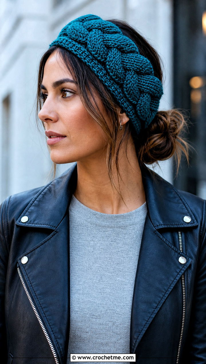Braided Crochet Headband With Leather Jacket - 30 crochet headband for women outfit ideas