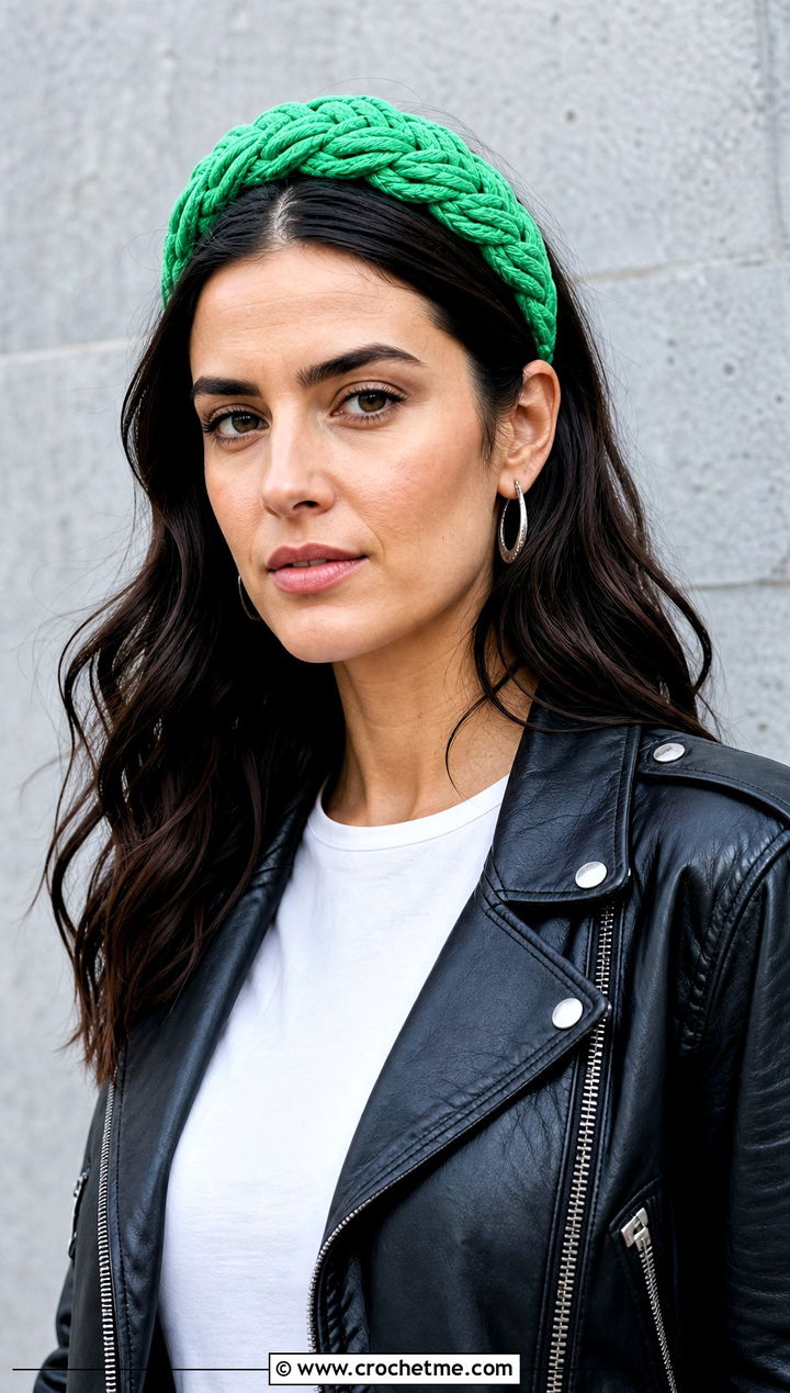 Braided Crochet Headband With Leather Jacket - 30 quick crochet headband outfit ideas