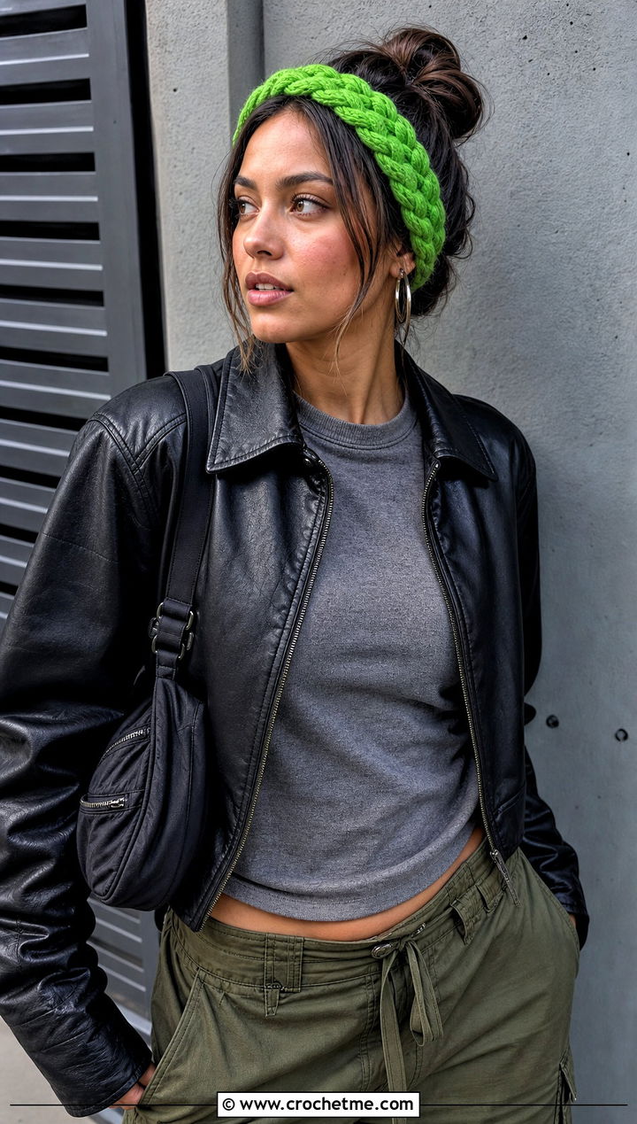 Braided Crochet Headband With Leather Jacket And Cargo Pants - 25 crochet for headbands outfit ideas