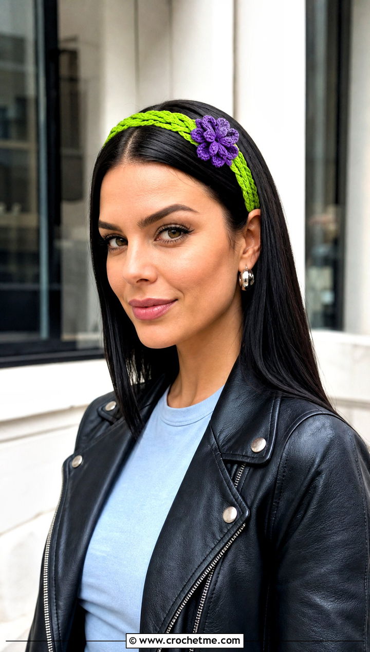 Braided Crochet Headband With Leather Jacket Outfit - 15 crochet headband with purple flower outfit ideas