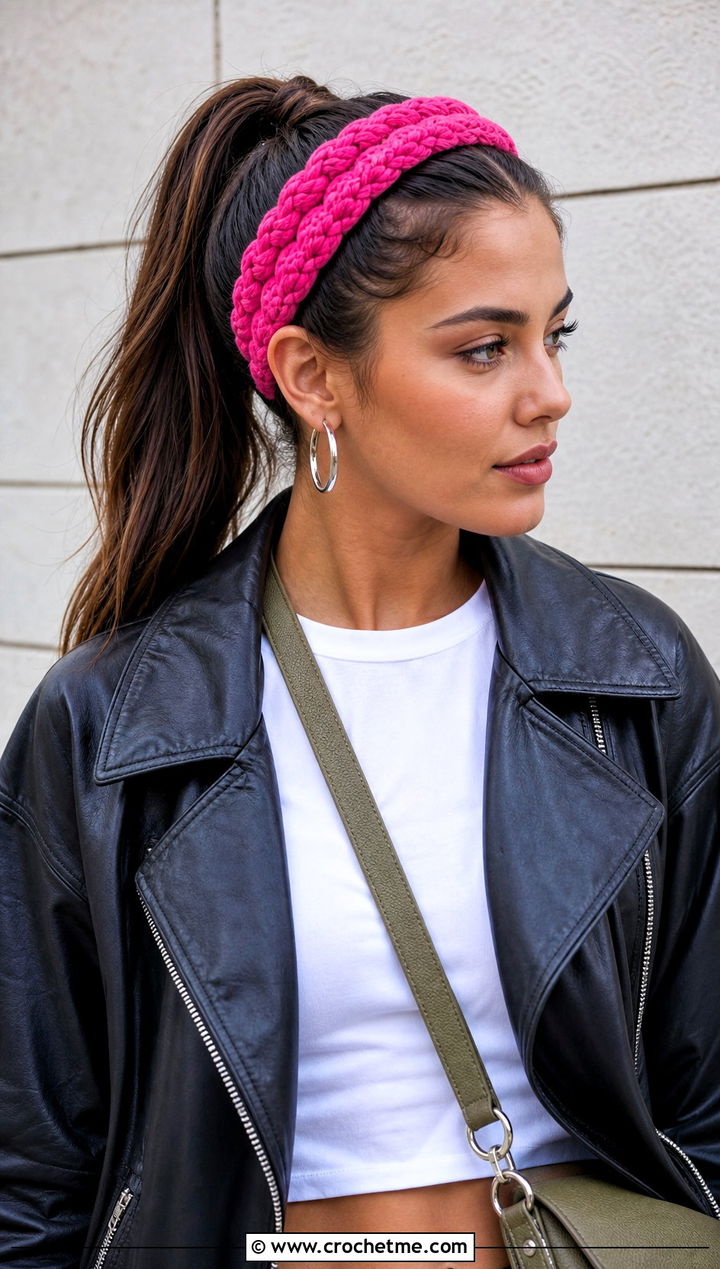 Braided Crochet Headband With Leather Jacket - 30 boho crochet headband outfit ideas