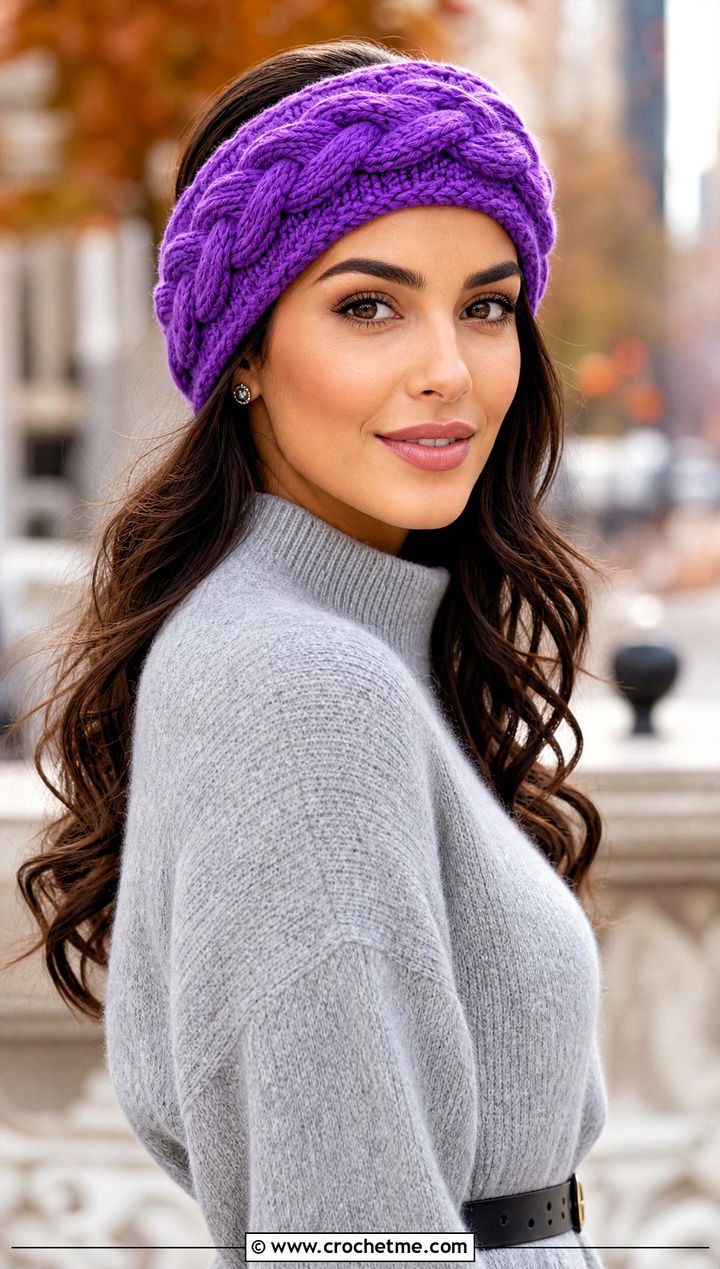 Braided Crochet Headband With Sweater Dress - 30 crochet fall headband outfit ideas