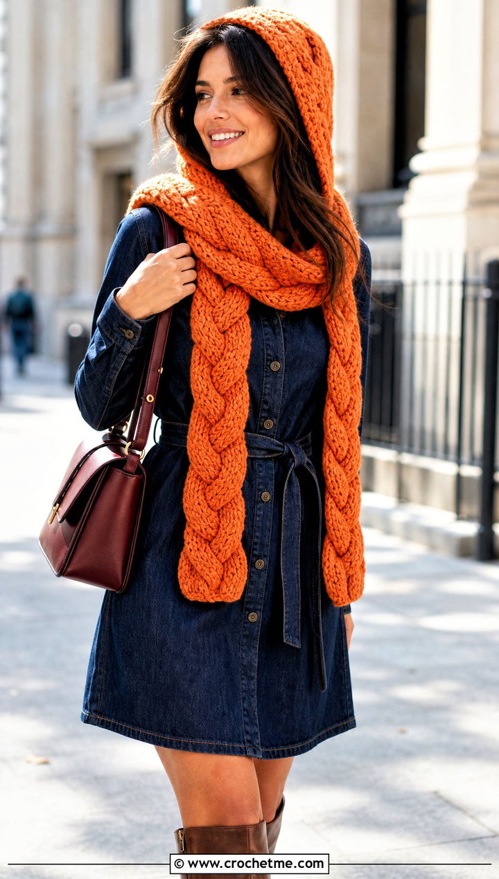 Braided Crochet Hooded Scarf With Shirt Dress Outfit - 30 crochet scarf with hood outfit ideas