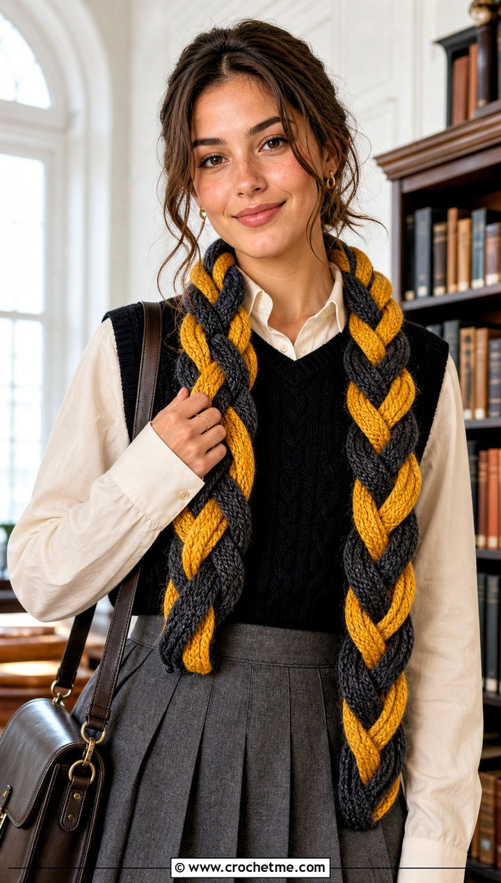 Braided Crochet Hufflepuff Scarf With Knit Vest - 30 crochet hufflepuff scarf outfit ideas