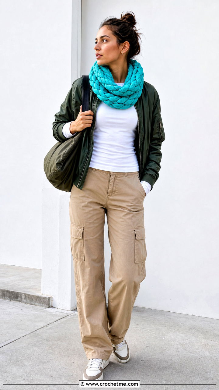 Braided Crochet Infinity Scarf With Bomber Jacket - 35 crochet infinity scarf outfit ideas