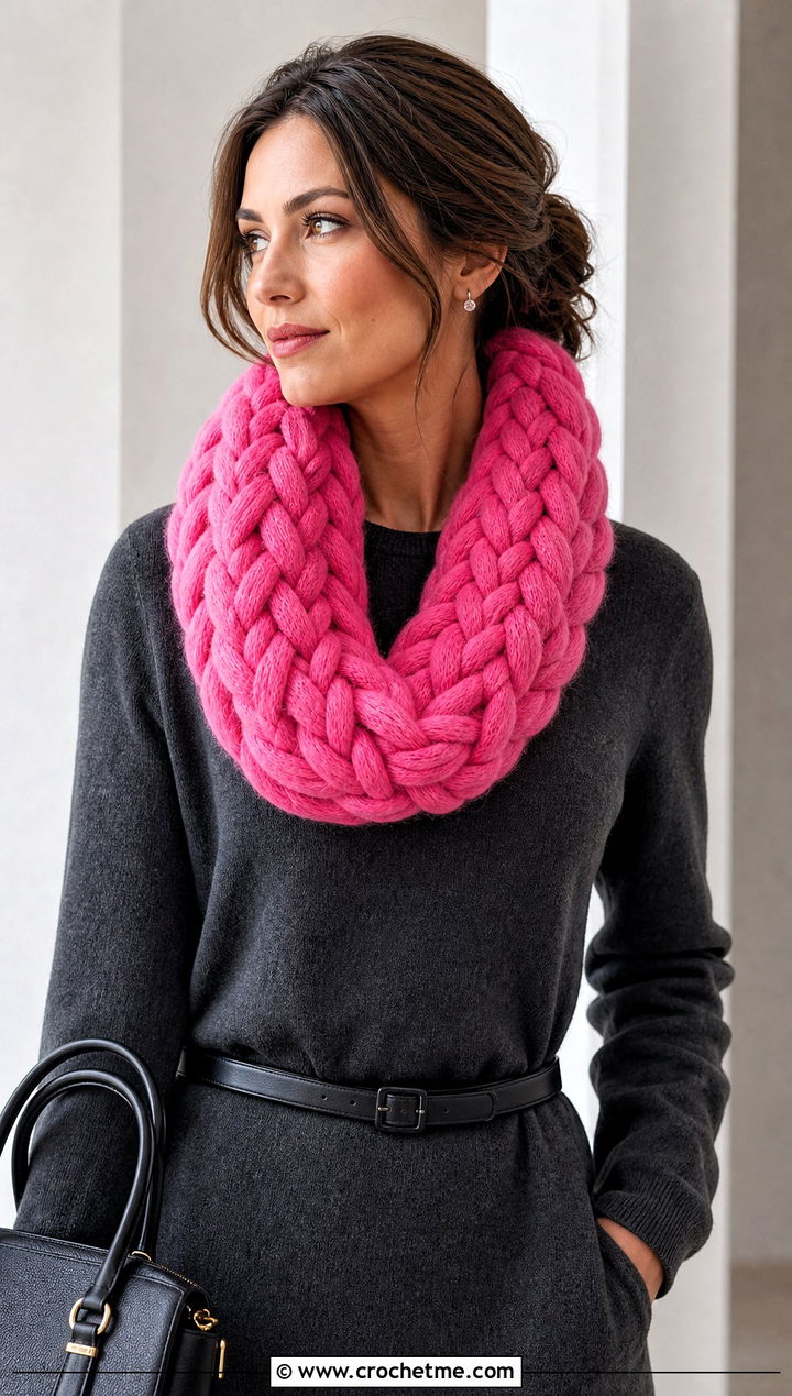 Braided Crochet Infinity Scarf With Sweater Dress - 30 easy crochet infinity scarf outfit ideas