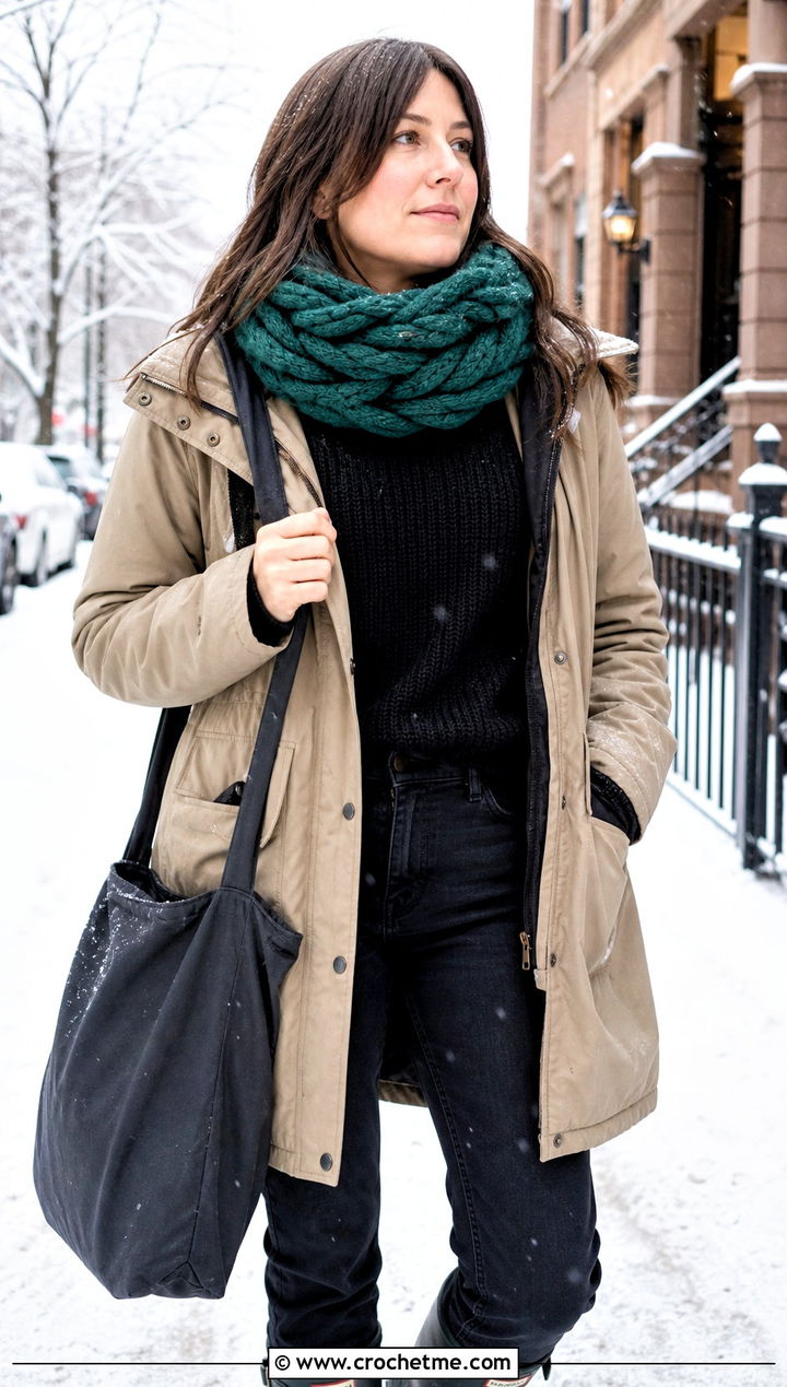 Braided Crochet Mohair Scarf With Parka - 30 crochet mohair scarf outfit ideas