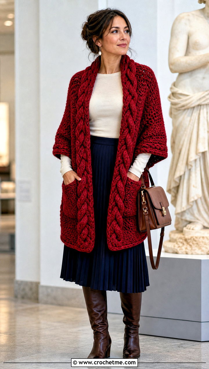 Braided Crochet Pocket Shawl With Pleated Skirt - 25 Crochet Pocket Scarf Shawl outfit ideas