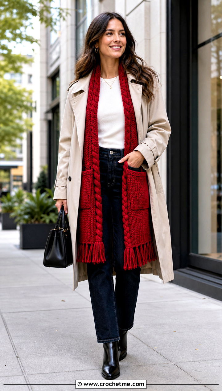 Braided Crochet Pocket Shawl With Trench Coat - 35 crochet wrap with pockets outfit ideas