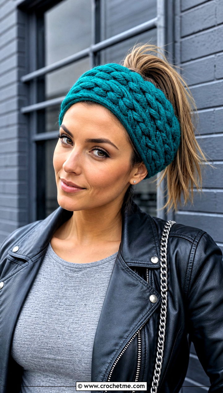 Braided Crochet Ponytail Headband With Leather Jacket - 25 crochet headband with ponytail hole outfit ideas