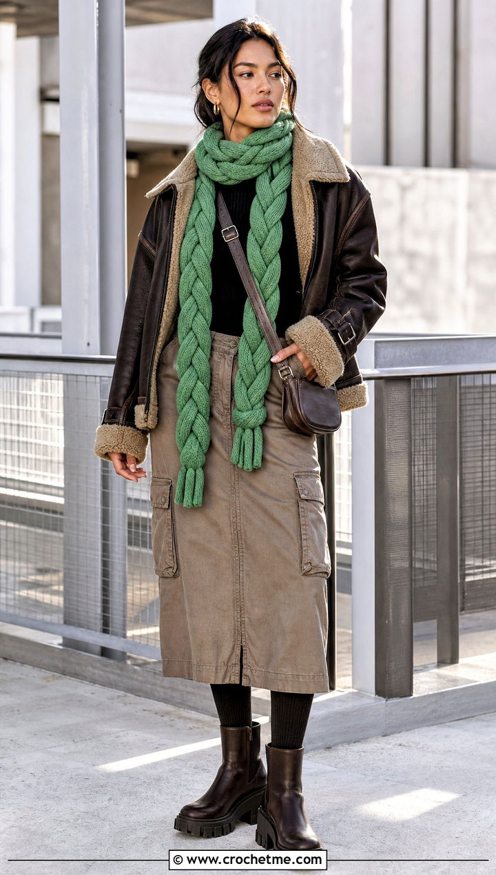 Braided Crochet Scarf With Aviator Jacket and Cargo Skirt - 35 Winter Crochet Scarf outfit ideas