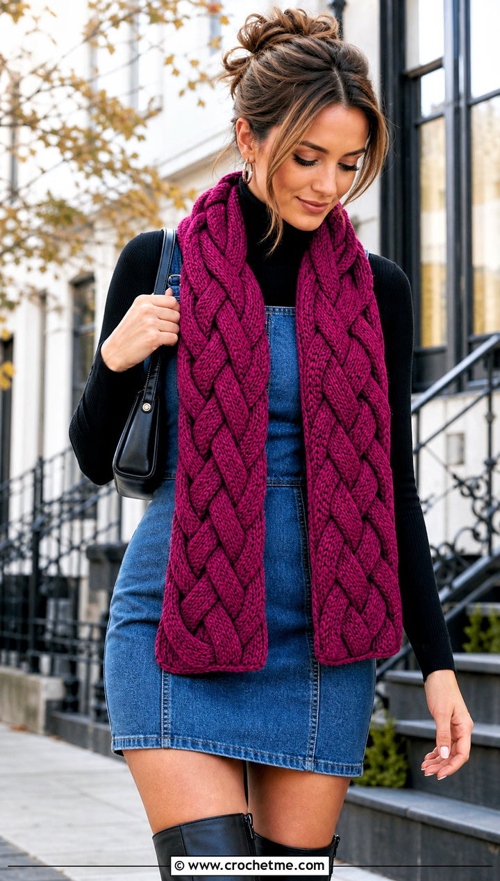 Braided Crochet Scarf With Denim Mini Dress - 25 denim and crochet scarf outfit ideas