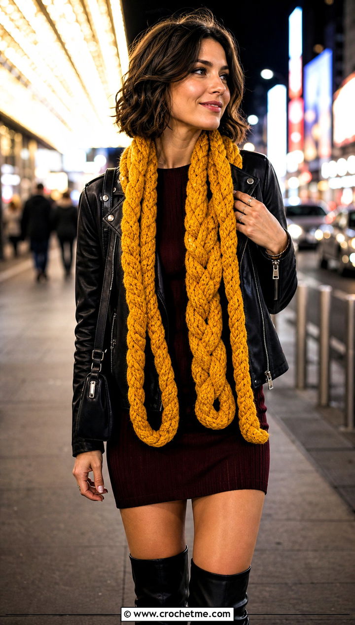 Braided Crochet Scarf With Moto Jacket And Mini Dress - 25 Crochet Fun Scarf outfit ideas